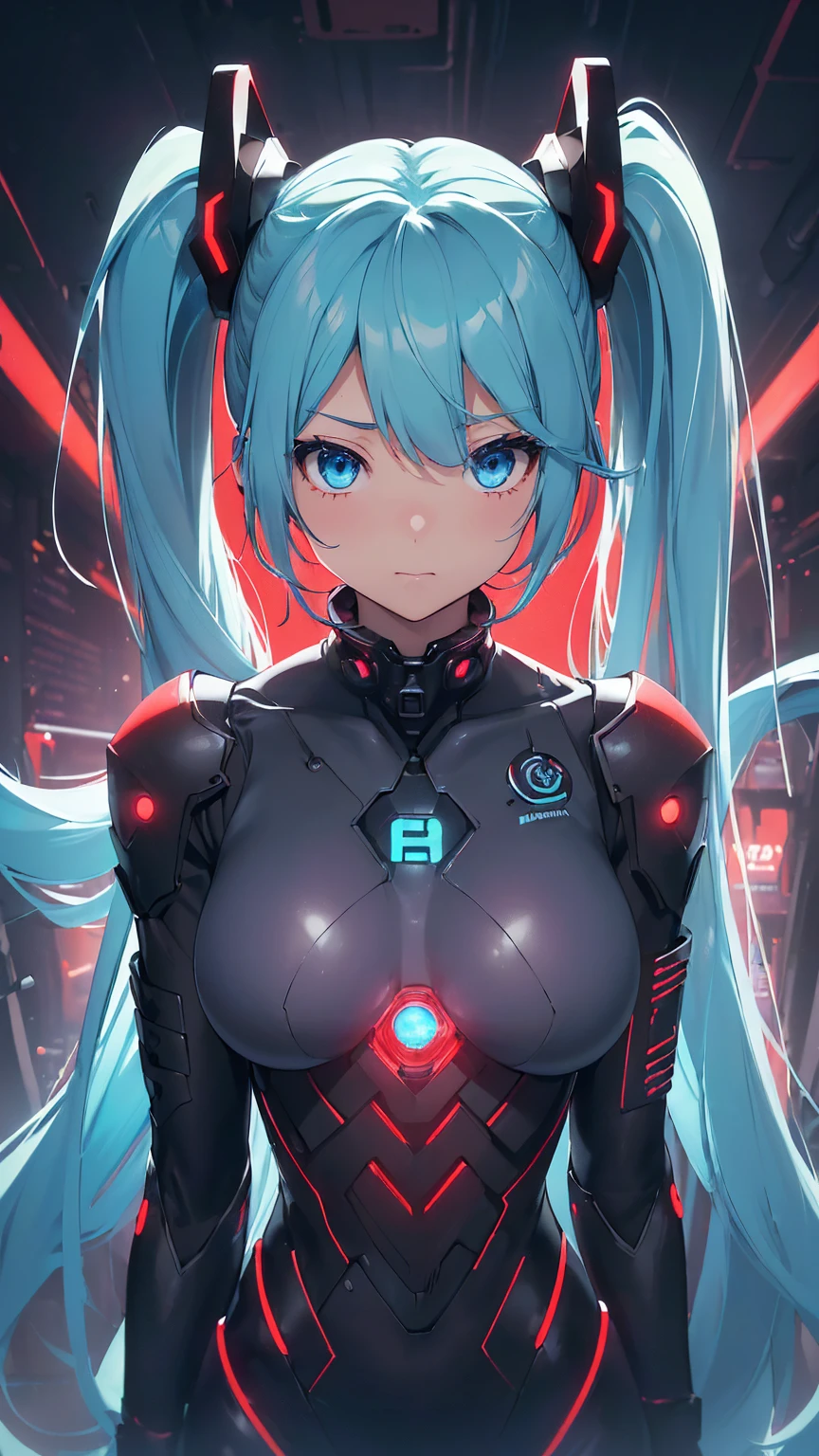 最high quality、Best image quality、masterpiece、Hatsune Miku VOCALOID、、Android Girl((18-year-old、red, A glowing black and blue cyber suit、Blue energy source on chest,Best Bust、Big Breasts、Bust 90、Twin tails、Light blue eyes、Light blue hair、Open your chest wide、valley、happiness、Slender、Shy face、Tight-fitting inner suits、Please stand in front、Countless cable connections throughout the body、Particles of light、Sharp clawed arms))high quality、Beautiful art、background((Research Facilities、Neon color、Cyber World、red lighting))、Tabletop、Exquisite design、Visual Arts、Feature films、depth(The rampaging android army)