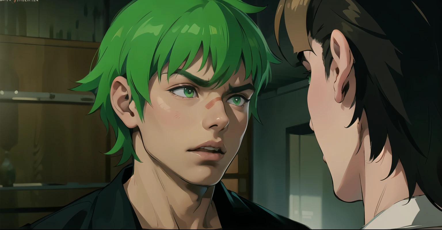 there are 14 year old children, He talks angrily to Ejo, he is angry and shouts. There are two 14-year-old boys, they look at each other&#39;s faces and he talks to him. Green eyes, Green hair.