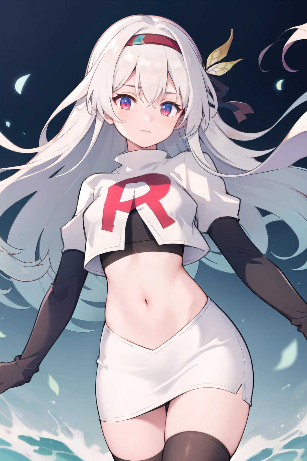 1girl, firefly \(honkai: star rail\), solo, hairband, hair ornament, cowboy shot, floating hair,  depth of field, team rocket,team rocket uniform,white skirt,red letter R,crop top,black thigh-highs,black elbow gloves