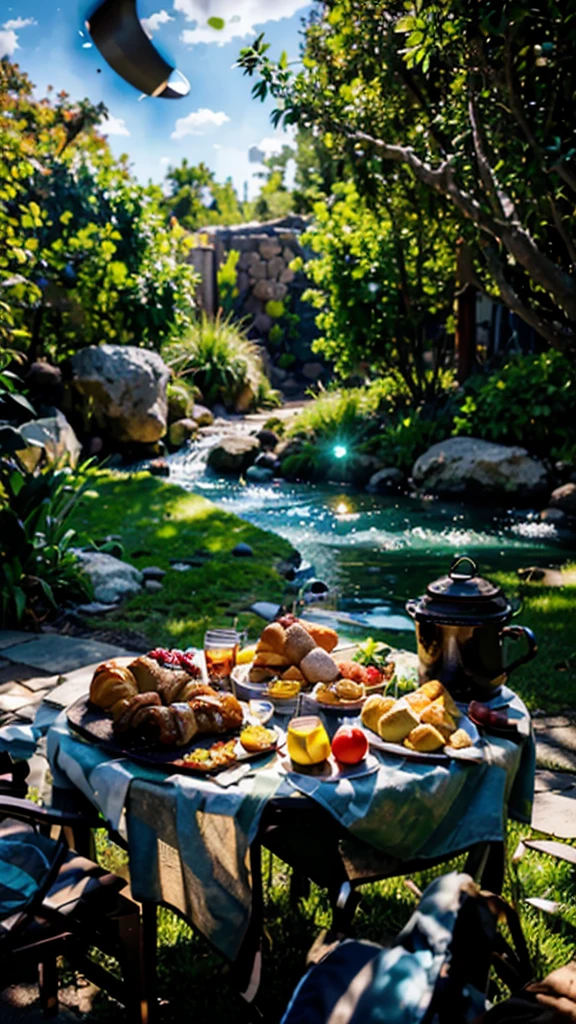 An outdoor egg table, portable stoves and aluminum pots on top, fruits, steak, croissants and other delicacies, 70 degrees downward viewing angle, grass and stream in the background, bright and low midday light, cinematic shot-style, Unreal Engine, trending on artstation, (best quality,4k,8k,highres,masterpiece), ultra-detailed, (realistic,photorealistic:1.37), HDR, UHD, studio lighting, ultra-fine painting, sharp focus, physically-based rendering, extreme detail description, professional, vivid colors, bokeh, portraits, landscape, (concept artists), colorful tones, natural lighting