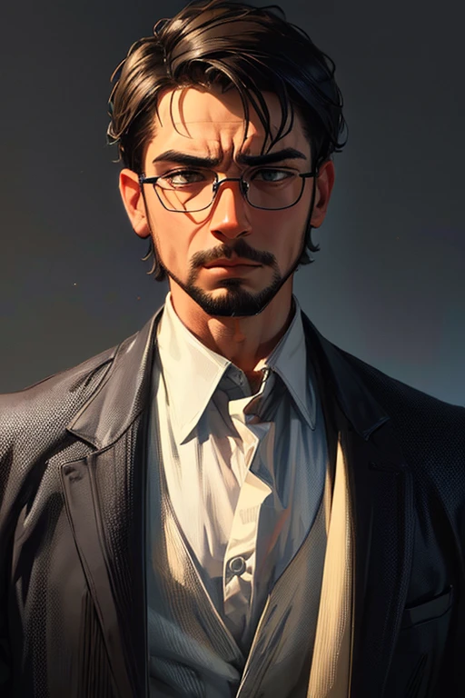 (best quality,highres:1.2), (realistic:1.37), adult male character with glasses, short messy hair, gloomy expression, intense eyes, slight facial hair, clean-cut clothes, modern aesthetic, dimly lit environment, subtle shadows, dramatic lighting, muted color palette