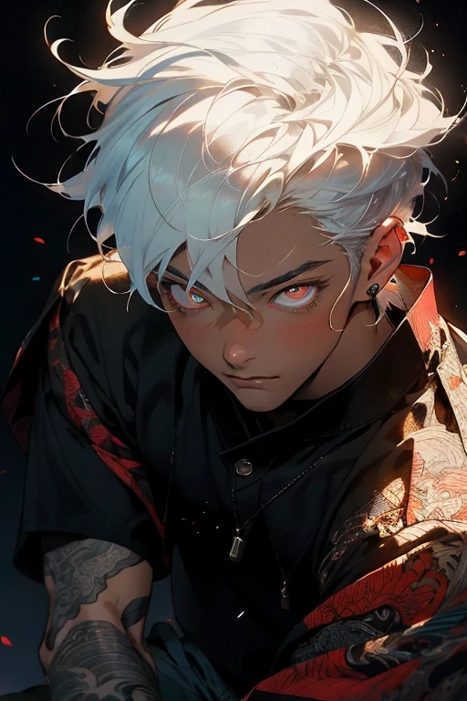 Realism, masterpiece, best quality, beauty and aesthetics, very detailed, fractal art, colorful, most detailed, zentangle, abstract background: 1.5, 1 boy: 1.3, god, white hair, short hair, glowing red eyes, mysterious, magical, ice, handsome man, asian style