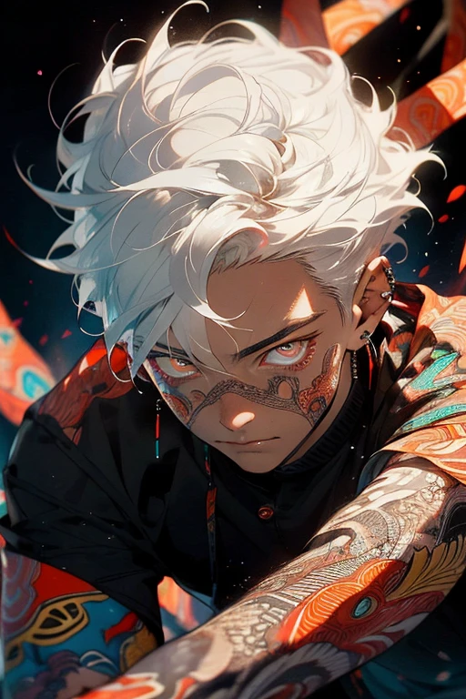 Realism, masterpiece, best quality, beauty and aesthetics, very detailed, fractal art, colorful, most detailed, zentangle, abstract background: 1.5, 1 boy: 1.3, god, white hair, short hair, glowing red eyes, mysterious, magical, ice, handsome man, asian style