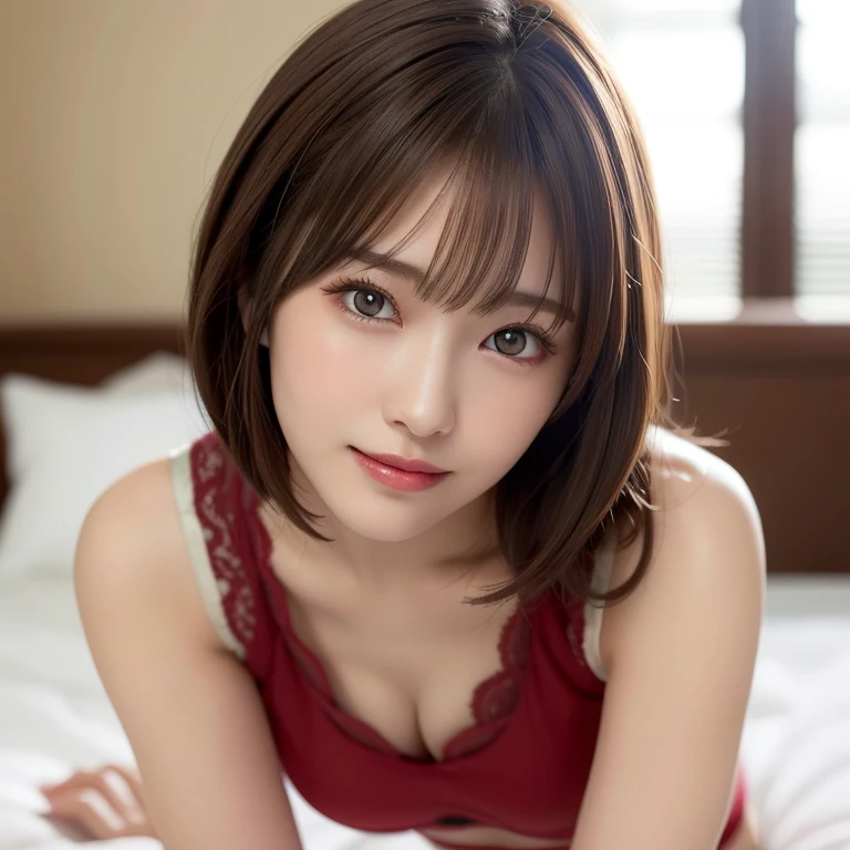 (Highest quality:1.5), (Realistic:1.5), (1 person:1.5), (crop top navel), (all fours), Seductively Posing, very detailed, okay, high resolution, 8k wallpaper, perfect dynamic composition, upper body, small breasts, natural colored lips, cute smile, Japanese woman, 20 year old girl, beautiful and classy face, perfect and beautiful face, beautiful and okay eyes, big eyes, brunette eyes, Beautiful and elegant face, perfect and beautiful double eyelids, natural bangs, beautiful thin nose, beautiful skin, chestnut brown hair, medium bob hair, short cut, natural bangs, perfect and beautiful face, slim face and style, (looking at camera), bright lighting, professional lighting, forward lighting, natural smile, on bed, lace bra and lace panties,