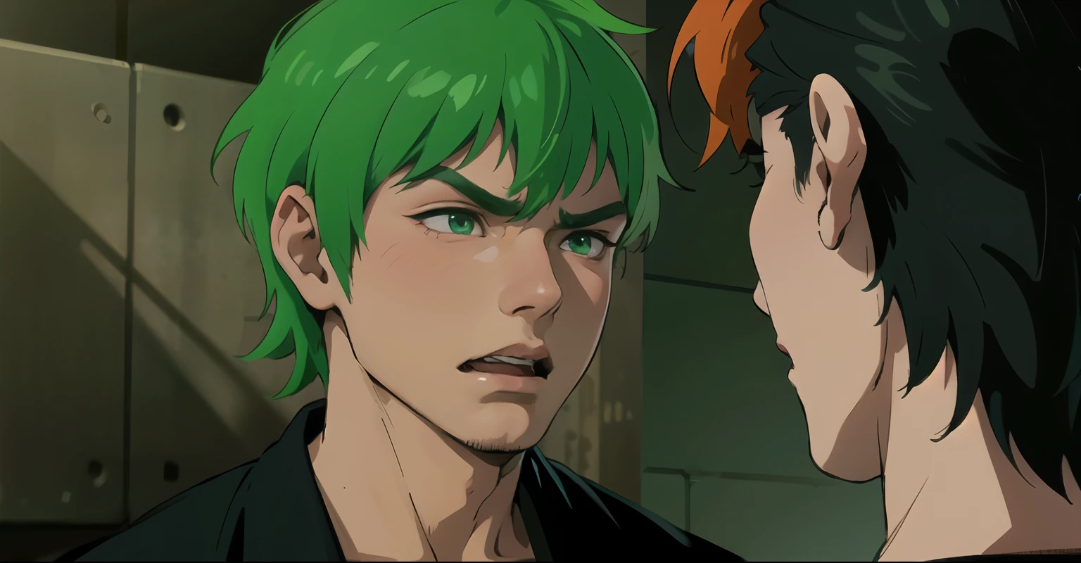 there are 14 year old children, He talks angrily to Ejo, he is angry and shouts. There are two 14-year-old boys, they look at each other&#39;s faces and he talks to him. Green eyes, Green hair.