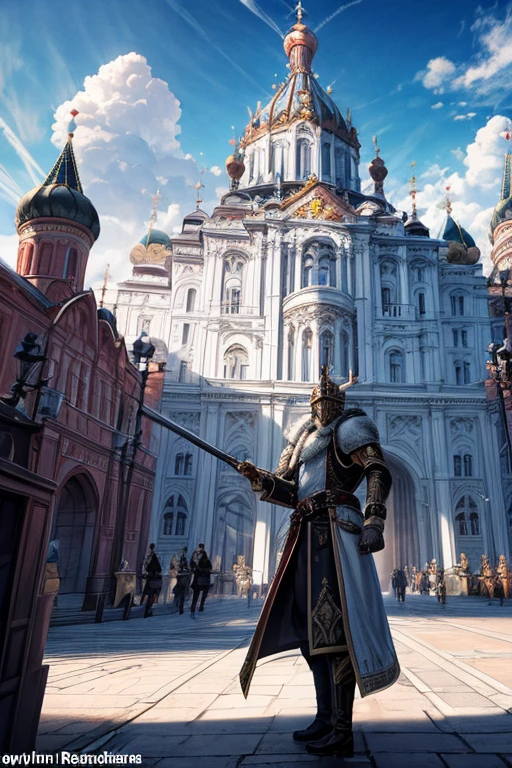 (masterpiece, best quality), russian palace adorned with iron, iron druzhina guards wielding greatswords, iron druzhina helmets with white plumes, white fur cloaks,