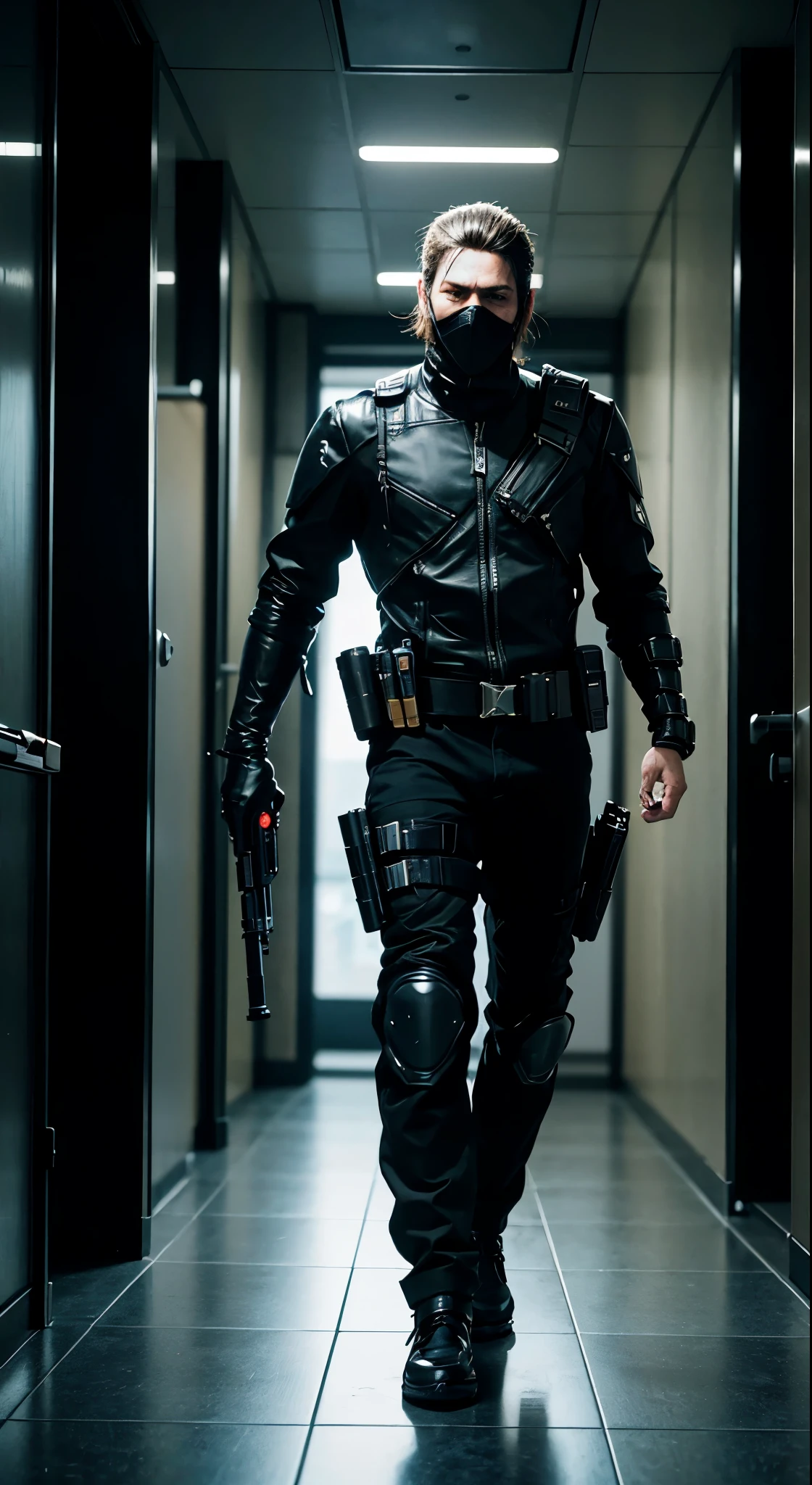 In the hallway there is a man in a mask and a gun, bank heist movie, stealth suit, 3 D rendered character art 8 K, cyberpunk street thug, bank robbery movie, avant-garde teen assassin, security agent, Jetstream Sam from Metal Gear Solid, bank robbery, Metal Gear solid style, badass anime 8 K, background of Resident Evil game, video game characters, money grab