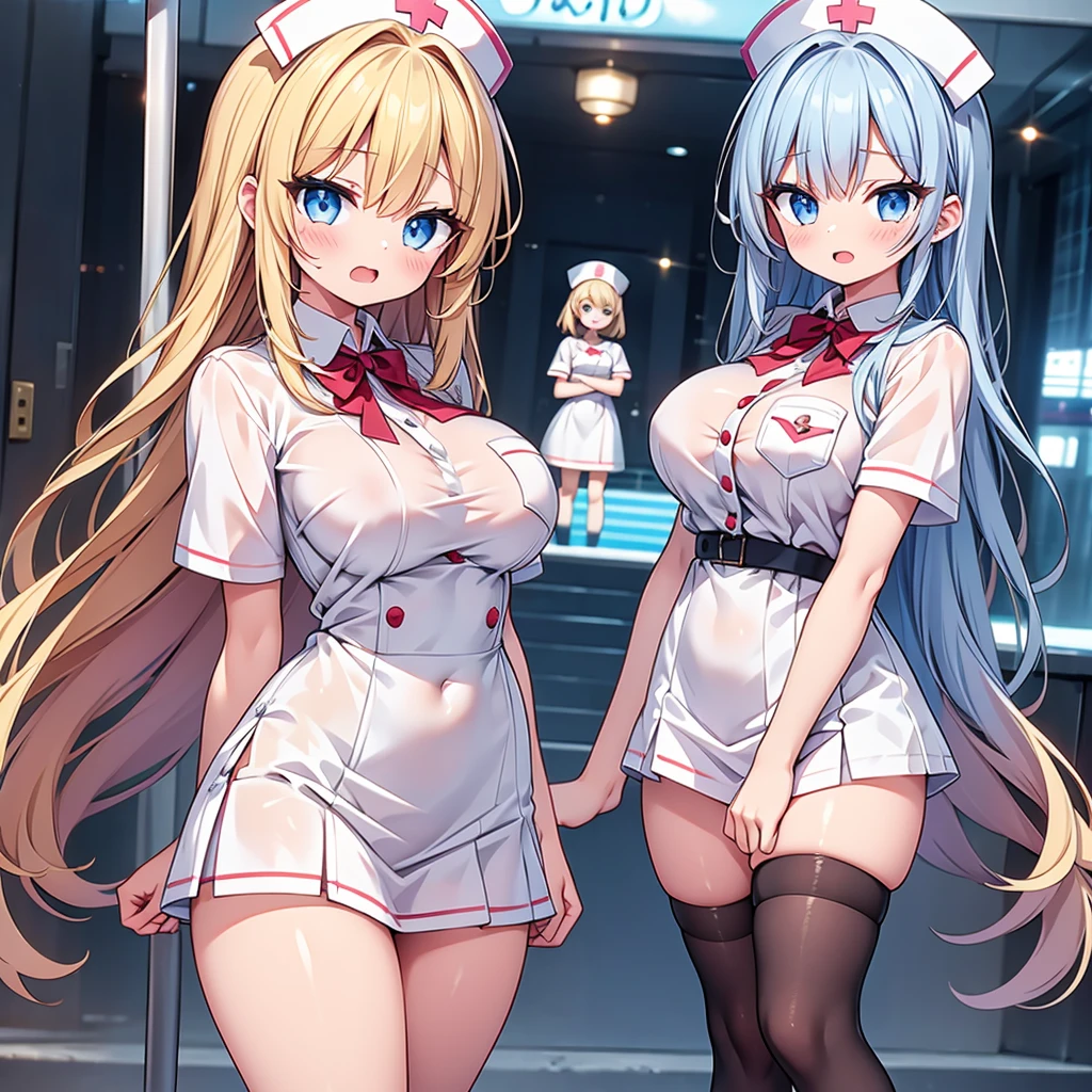 (cute eyes:1.2), (sparkling eyes:1.2), highest quality,wonderful,finely,extremely detailed CG Unity 8K wallpaper, (Stand in line:1.2), (3 girls, clothed), (nurse, nurse cap, breast pocket, collared dress, short dress, short sleeves, thighs, white dress, white headwear), (midium breasts), (open mouth:1.1), (long tongue:1.1), (mouth drool:1.1), (black stockings:1.1),(Thighs:1.1),(Waistline:1.1)