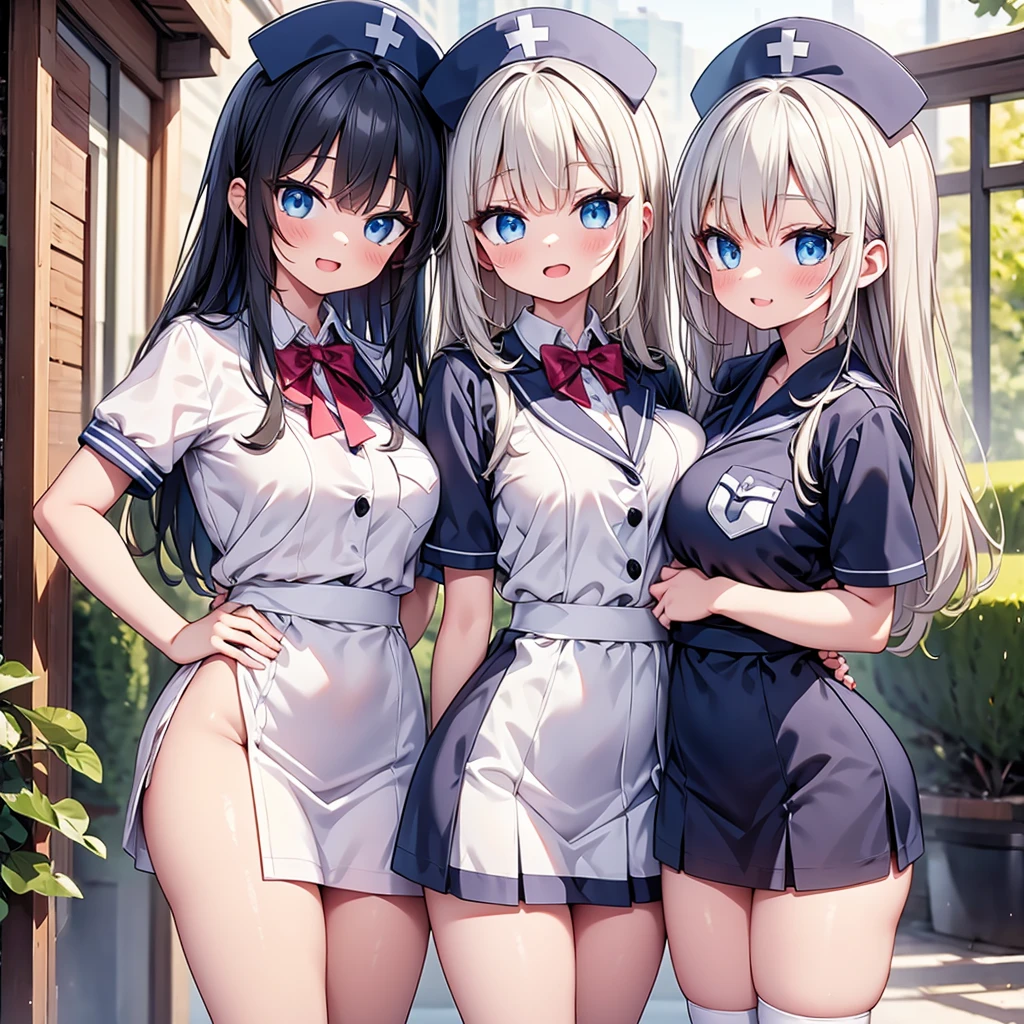 (Cute eyes:1.2), (Sparkling eyes:1.2), Highest quality,wonderful,finely,Highly detailed CG Unity 8k wallpaper, (Stand in line:1.2), (Three Girls, Cute eyes,  Japanese Nurse, Dressed), (Medium Bust),  (Underbust:1.1), (Abdominal Peek:1.2), (Open your mouth:1.1), (Long Tongue:1.1), (Drooling from the mouth:1.1), (Black Stockings:1.1),(Thighs:1.1),(Waistline:1.1)