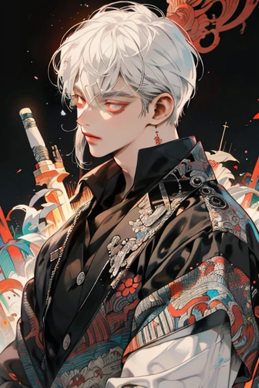 Realism, masterpiece, best quality, beauty and aesthetics, very detailed, fractal art, colorful, most detailed, zentangle, abstract background: 1.5, 1 boy: 1.3, god, white hair, short hair, glowing red eyes, mysterious, magical, ice, handsome man, asian style