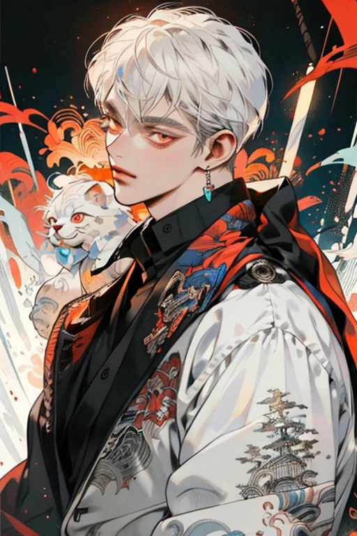 Realism, masterpiece, best quality, beauty and aesthetics, very detailed, fractal art, colorful, most detailed, zentangle, abstract background: 1.5, 1 boy: 1.3, god, white hair, short hair, glowing red eyes, mysterious, magical, ice, handsome man, asian style