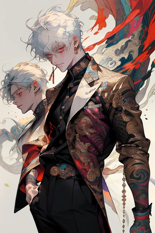 Realism, masterpiece, best quality, beauty and aesthetics, very detailed, fractal art, colorful, most detailed, zentangle, abstract background: 1.5, 1 boy: 1.3, god, white hair, short hair, glowing red eyes, mysterious, magical, ice, handsome man, asian style