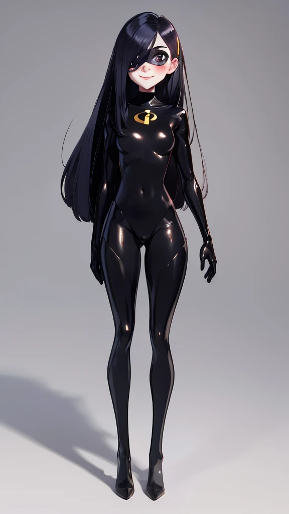 (full body),masterpiece, highest quality, One girl, Violet Par, mask, Long Hair, Black Hair,  Hair on one eye,  (Hero Suit)，Bodysuits，Thick thighs，Place one hand on hip，Are standing，View your viewers, smile, Simple Background 