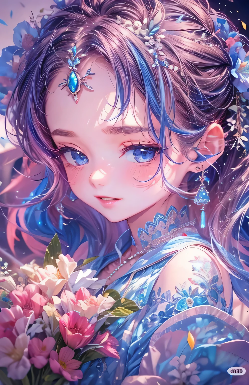 ((highest quality)), ((masterpiece)), (Get used to it), Perfect Face , beautiful girl , Princess , blue , bouquet ,