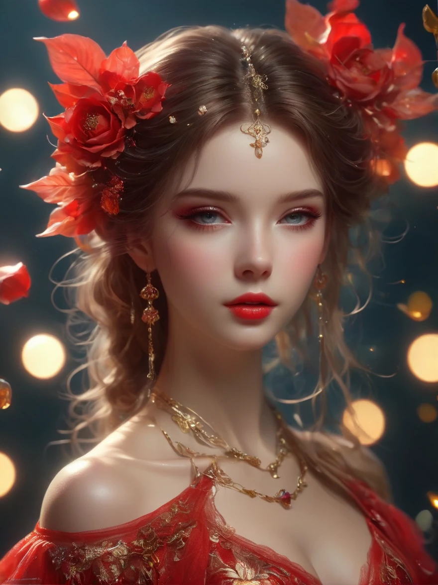 super realistic image, NVIDIA RTX, super resolution, unreal 5, Subsoil Dispersion, pbr texturing, Post-processing, maximum clarity and sharpness, Multi-layer textures, of (A very beautiful young woman, Incandescent), ((Tall model)), thin, (((slim body))), Blue eyes, (((long, voluminous bright red, red hair, a rose in her hair))), (((Light skin with glitter, shiny earrings, intricate details))), ((half-length image), (High quality, ultra-realistic scene, 8K RAW High Definition)