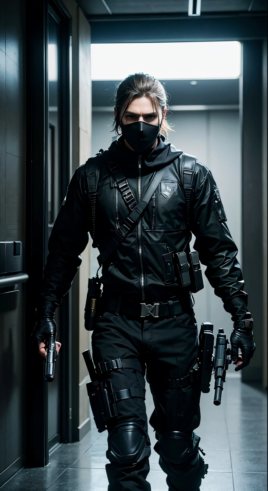 In the hallway there is a man in a mask and a gun, bank heist movie, stealth suit, 3 D rendered character art 8 K, cyberpunk street thug, bank robbery movie, avant-garde teen assassin, security agent, Jetstream Sam from Metal Gear Solid, bank robbery, Metal Gear solid style, badass anime 8 K, background of Resident Evil game, video game characters, money grab