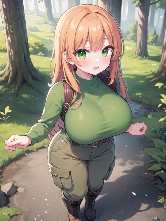 ((Masterpiece)), ((Best Quality)), (Perfectly Detailed), ((Perfect Anatomy)), (Accurate Lighting), (Accurate Shadows), ((Solo)), (Accurately Detailed), A Young-Adult Girl, with Long Orange Hair, Green Eyes, (Extremely Huge Breasts), Wide Hips, slightly tall, and is mildly muscular. Wearing a (Worn Green Shirt), (DarkBrown Cargo-Pants), and (Tall Dark-ishGrey Hiking-Boots). Hiking in a Forest, with a small creek and more forest in the background.