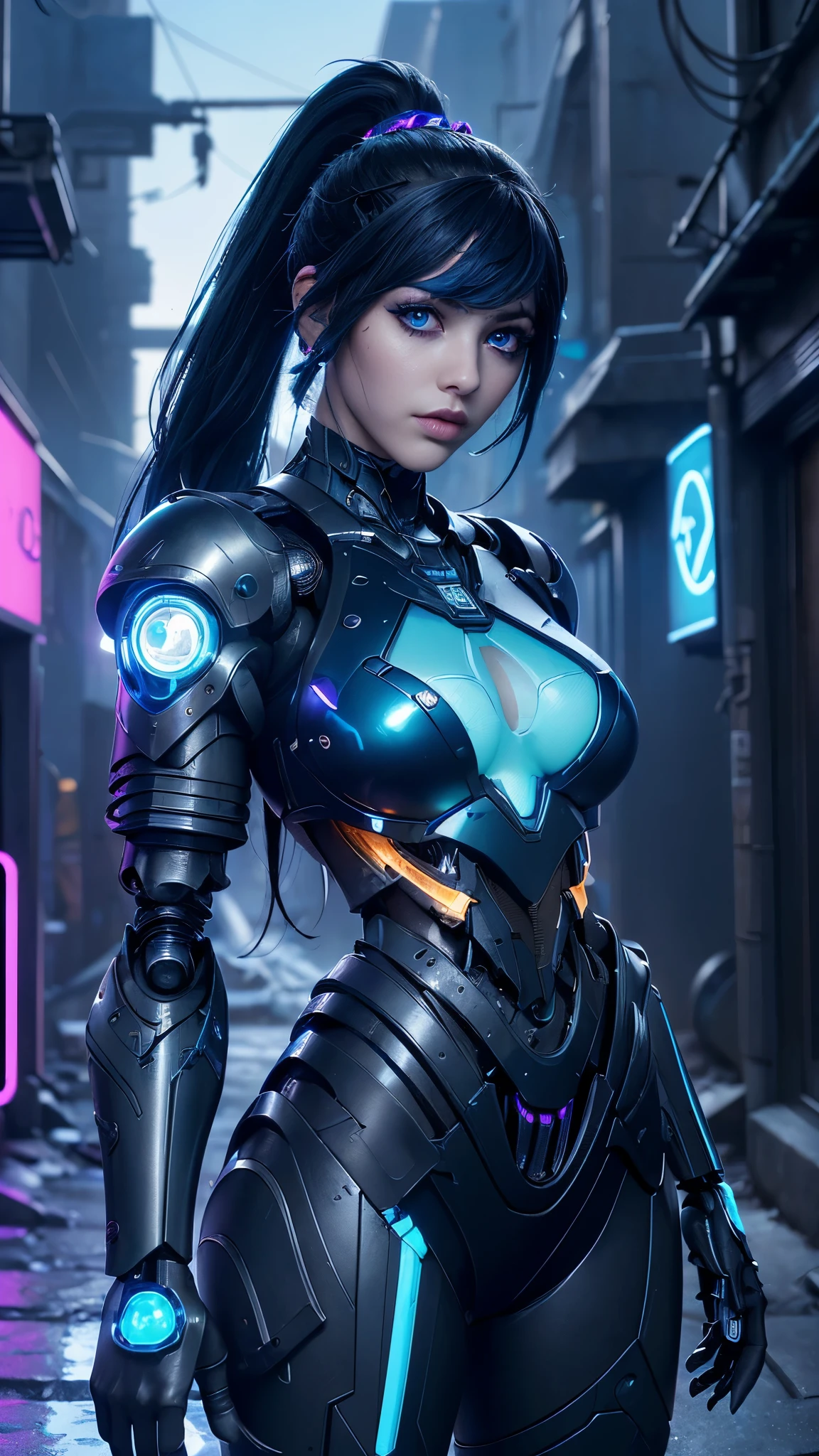 (La mejor calidad,A high resolution,Ultra - detallado,actual),Layla en Mobile Legends, (Cabello largo blue :1.4), (vestuario sexy Mobile legends),(peinado de dos coletas blue :1.4),,(Fondo de ruinas de mazmorra en ruinas:1.4 ),( Neon detailed mechanical limbs:1.4 ), ( cyberpunk alley background :1.4), score_9, score_8_up, score_7_up, score_6_up, rating_explicit, 1girl, ((18YO:1.2)), Adult, full lips, big clear eyes, light blue eyes,(Detalles de la cara: 1.5, ojos azules brillantes, hermoso rostro, ojos bonitos, Contorno del iris, labios delgados: 1.5, Thin, sharp pale eyebrows, Long, dark eyelashes, double tabs),(Layla en Mobile Legends:1.4), (Layla en Mobile Legend V2.1), ,( ciberpunk 2.1), ,(Short ponytail dos blue :1.4), (black general military cyborg :1.4) 