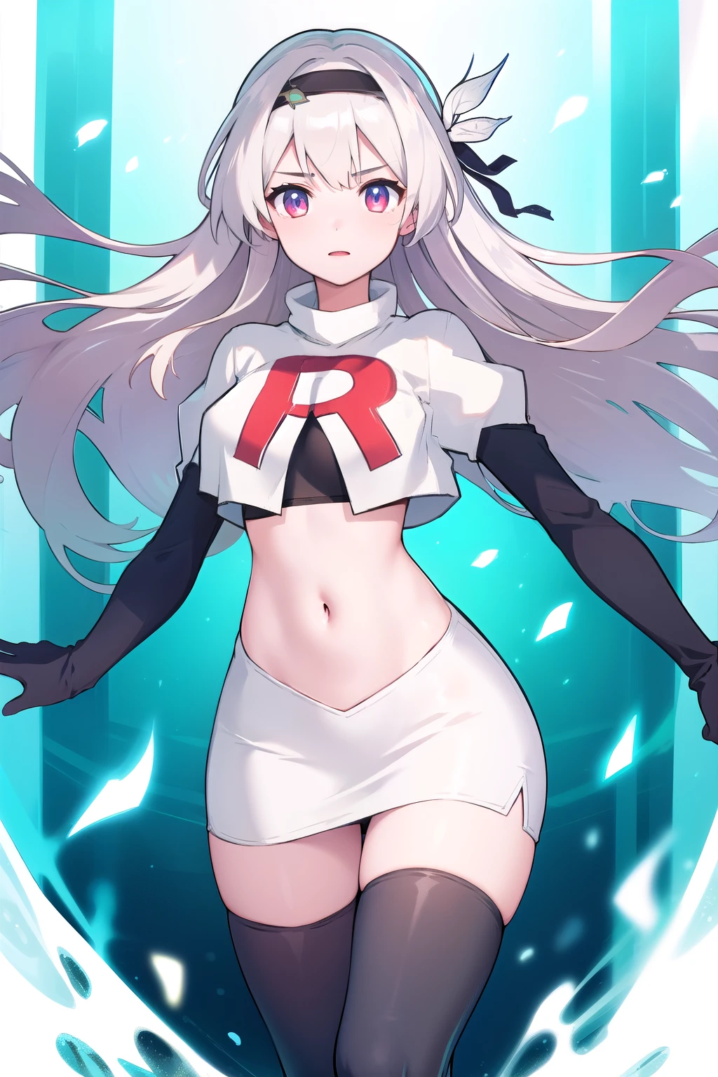 1girl, firefly \(honkai: star rail\), solo, hairband, hair ornament, cowboy shot, floating hair,  depth of field, team rocket,team rocket uniform,white skirt,red letter R,crop top,black thigh-highs,black elbow gloves