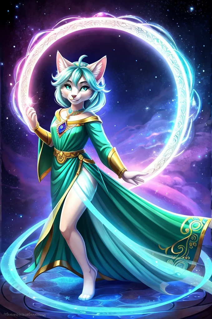 Lyra is a cat woman with a lithe and agile build., con una apariencia elegante y misteriosa que refleja su naturaleza como hechicera. Its body is covered in mottled fur that shines with silver reflections in the light., and her long fluffy tail swings gracefully behind her as she moves. Their facial features are a unique mix of human and feline.: Has a small, spinning nose, ojos grandes y almendrados de color verde esmeralda que destellan con inteligencia y magia, y orejas puntiagudas de gato que sobresalen de su cabello largo y oscuro. His face is adorned with pale blue mystical markings that highlight his connection to the spiritual world and the magic he possesses.. Para su atuendo, Lyra wears elegant, flowy robes that flow around her as she moves., with intricate details and magical embroidery that shine with a soft glow. Wear mystical accessories, como brazaletes y collares, that are embedded with magical gems and arcane symbols that enhance their power. In terms of facial expression, Lyra tiene una mirada penetrante y calculadora, with an enigmatic smile that reveals his confidence in his magical abilities and his knowledge of the hidden world.
