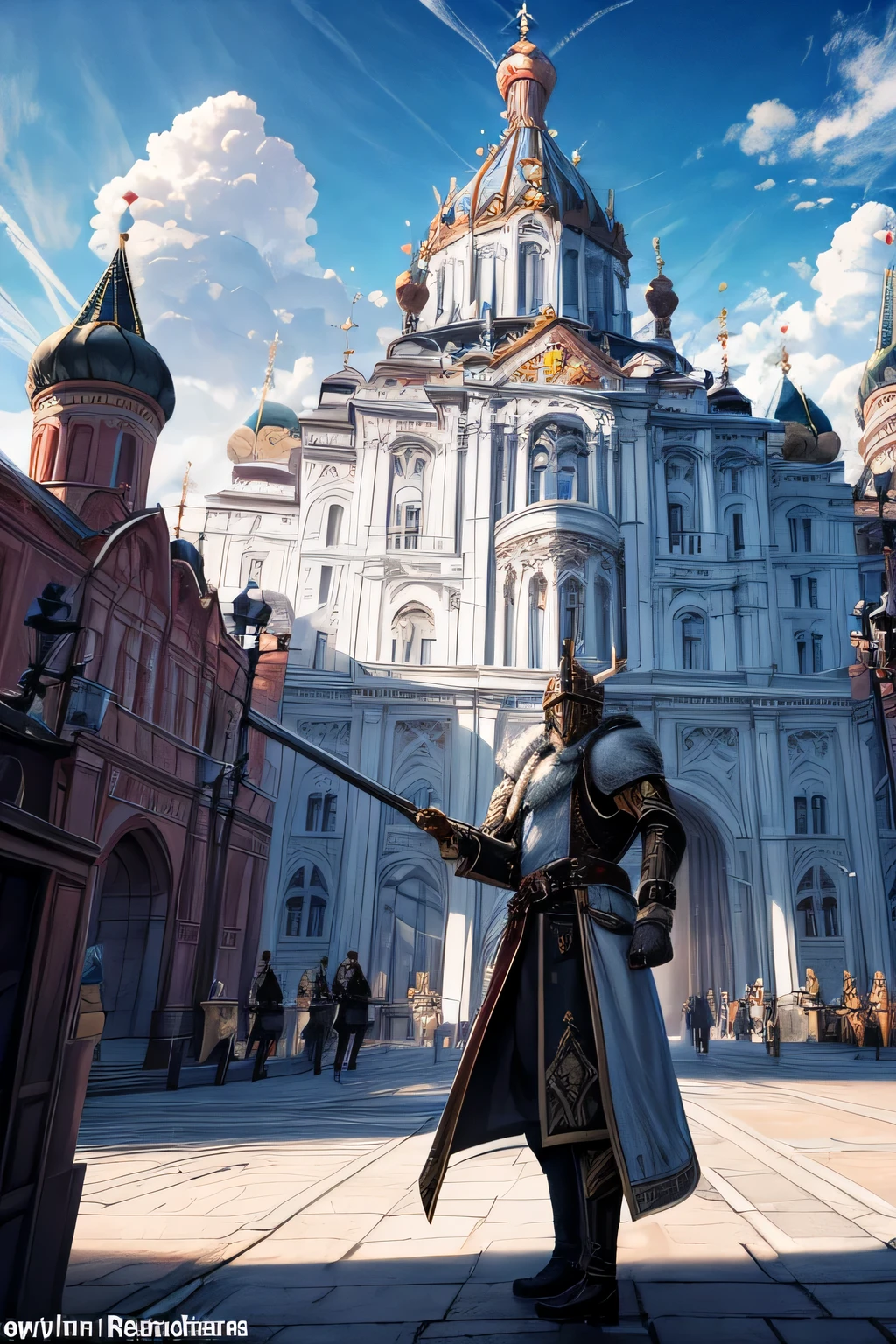 (masterpiece, best quality), russian palace adorned with iron, iron druzhina guards wielding greatswords, iron druzhina helmets with white plumes, white fur cloaks,