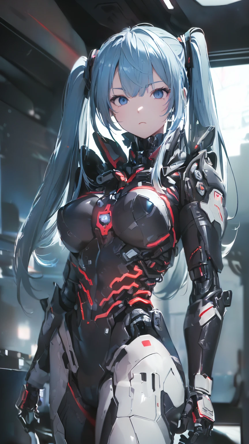 最high quality、Best image quality、masterpiece、Hatsune Miku VOCALOID、、Android Girl((18-year-old、red, A glowing black and blue cyber suit、Blue energy source on chest,Best Bust、Big Breasts、Bust 90、Twin tails、Light blue eyes、Light blue hair、Open your chest wide、valley、happiness、Slender、Shy face、Tight-fitting inner suits、Please stand in front、Countless cable connections throughout the body、Particles of light、Sharp clawed arms))high quality、Beautiful art、background((Research Facilities、Neon color、Cyber World、red lighting))、Tabletop、Exquisite design、Visual Arts、Feature films、depth(The rampaging android army)