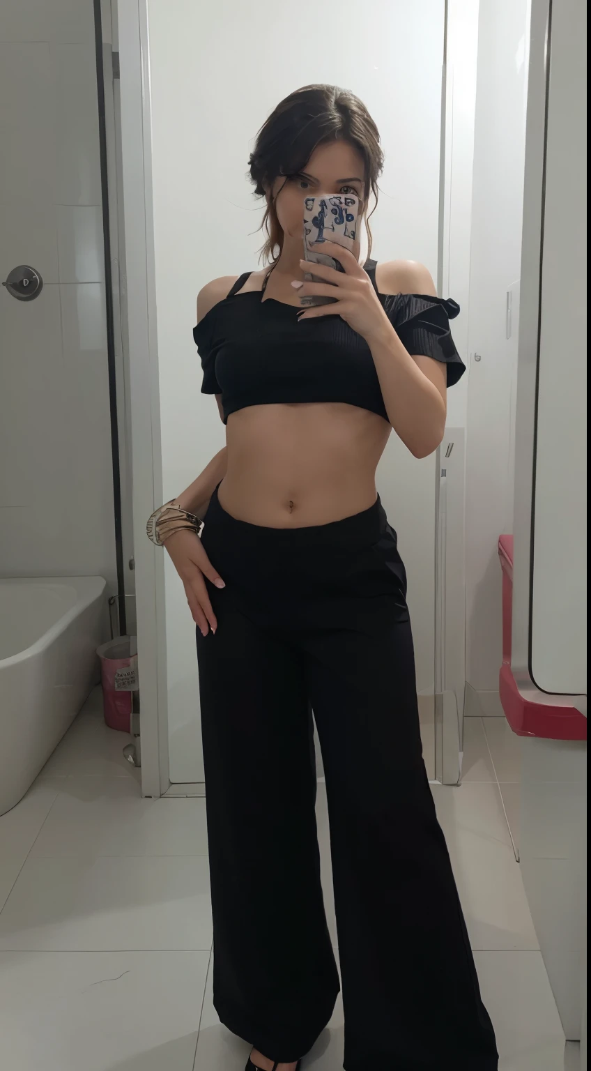 There is a woman taking a selfie in the bathroom mirror., vistiendo un top corto sexy, croptop, recorte de medio cuerpo, 1 8 son, foto de cuerpo completo, foto en forma, 2 4 year old female model, foto del traje, vistiendo top corto, the smallest abdomen ever seen, 23 years, 22 years, mirada sexy.