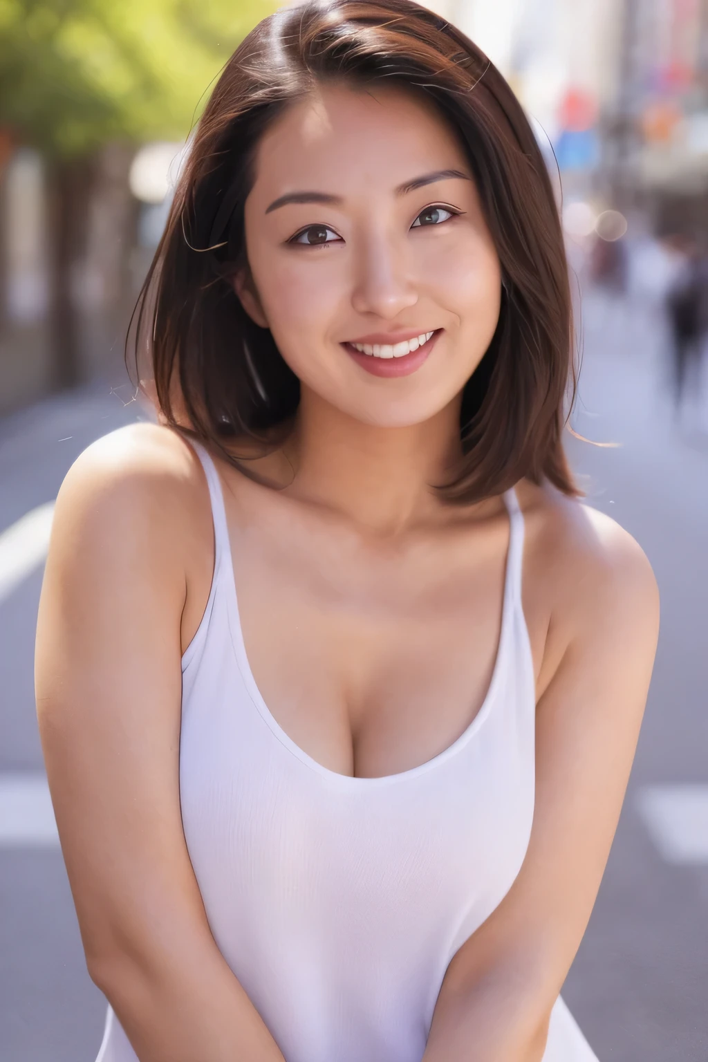 NSFW:1.5,((highest quality、8k resolution、Master Masterpiece、Portraiture:1.3)), Photorealistic, 35mm Film, 1 Japanese female, Upper Body、On the street during the day, Wrinkles around the eyes,Voluptuous body、Cleavage、smile,((tanktop:1.3)) , (Outdoor:city street 1.3), Jumbled background,Look at the audience,Tokyo cityscape:1.3,Shut your mouth.