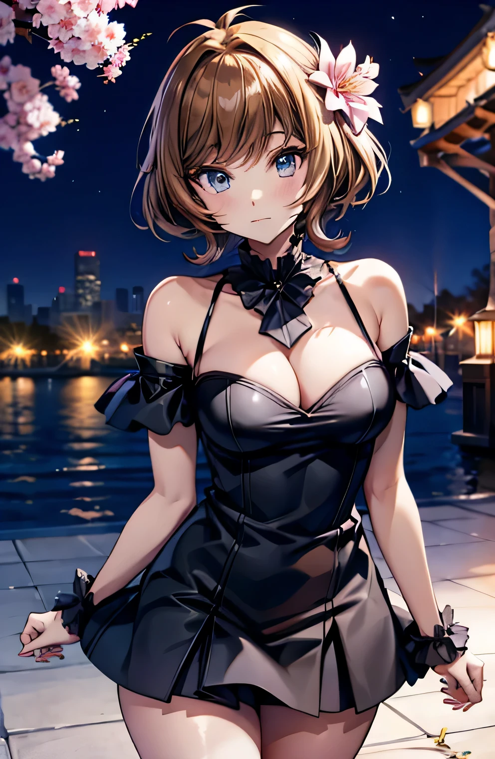 Anime illustration、highest quality、A short and voluptuous young lady、Night Park、Illuminated cherry blossoms、Cherry-blossom viewing、Off-the-shoulder dress、Perfect proportions、overwhelmingly big breasts、Beautiful, shining eyes、Cowboy Shot、Blushed、smile