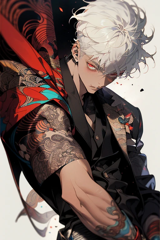 Realism, masterpiece, best quality, beauty and aesthetics, very detailed, fractal art, colorful, most detailed, zentangle, abstract background: 1.5, 1 boy: 1.3, god, white hair, short hair, glowing red eyes, mysterious, magical, ice, handsome man, asian style