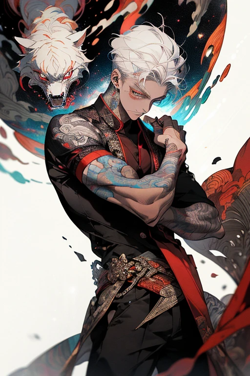 Realism, masterpiece, best quality, beauty and aesthetics, very detailed, fractal art, colorful, most detailed, zentangle, abstract background: 1.5, 1 boy: 1.3, god, white hair, short hair, glowing red eyes, mysterious, magical, ice, handsome man, asian style