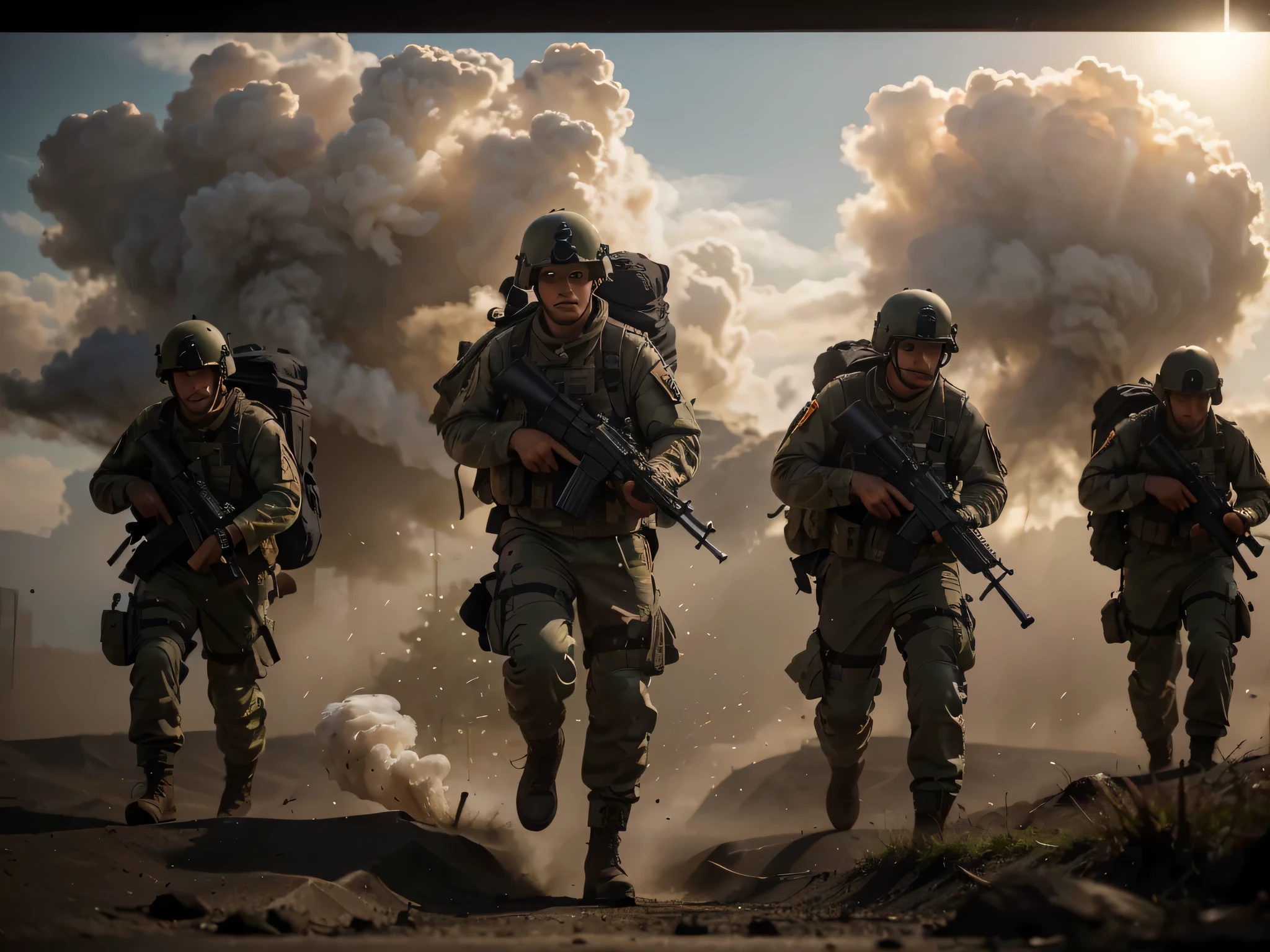 several German soldiers emerging from a cloud of smoke, wearing military equipment, Ultra detailed, hyperrealistic, 4k, Ultra detailed image, realistic, Highly detailed, perfect composition, splendid, Intricately detailed, Incredibly detailed, 8 k artistic photography, hyper detailed, Masterpiece , Ultra detailed, hyper realistic, 4k, Ultra detailed image, realistic, Highly detailed, perfect composition, splendid, Intricately detailed, Incredibly detailed, 8 k artistic photography, hyper detailed, Masterpiece
