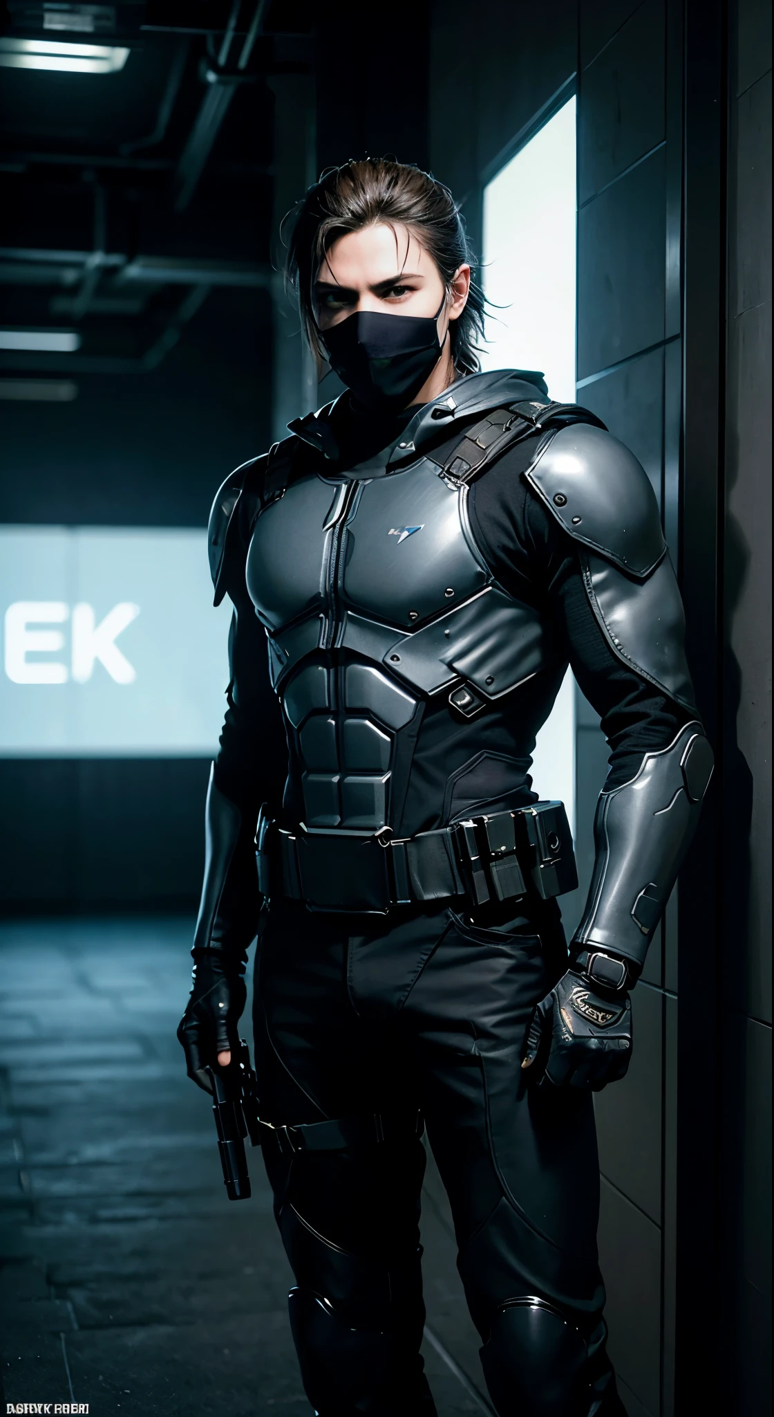 In the hallway、Man in mask and gun、Bank Robbery映画、Stealth Suit、3d rendering character art 8k、Cyberpunk Street Thug、Bank Robbery映画、Avant-garde teen assassin、Security Agent、Jet Stream Sam from Metal Gear Solid、Bank Robbery、Metal Gear Solid Style、badass anime 8K、Resident Evil Game Background、 Video Game Characters、Grab the Money