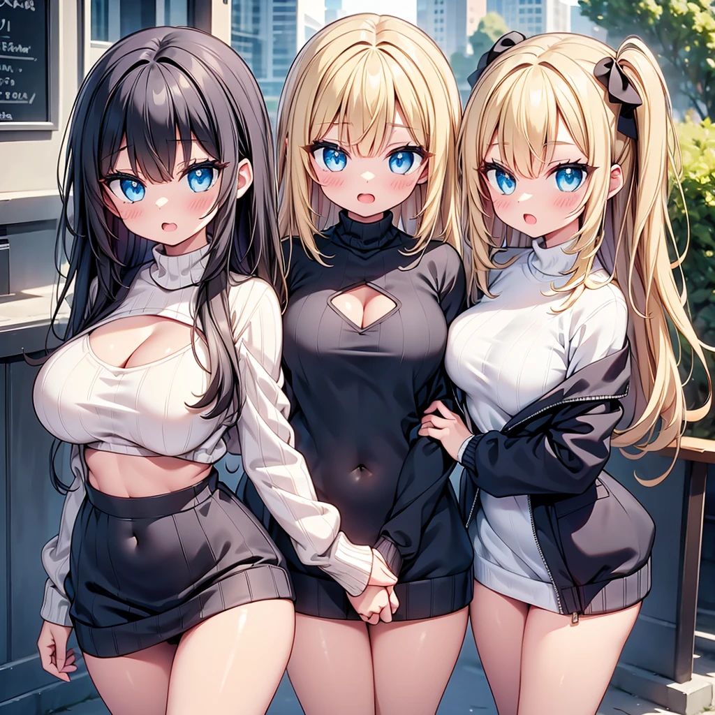 (cute eyes:1.2), (sparkling eyes:1.2), highest quality,wonderful,finely,extremely detailed CG Unity 8K wallpaper, (Stand in line:1.2), (3 girls, clothed), virgin killer sweater, (sweater dress:1.2), (ribbed sweater,sideboob,cleavage cutout, turtleneck sweater,(white sweater:1.3),crop top navel), (midium breasts), (open mouth:1.1), (long tongue:1.1), (mouth drool:1.1), (black stockings:1.1),(Thighs:1.1),(Waistline:1.1)