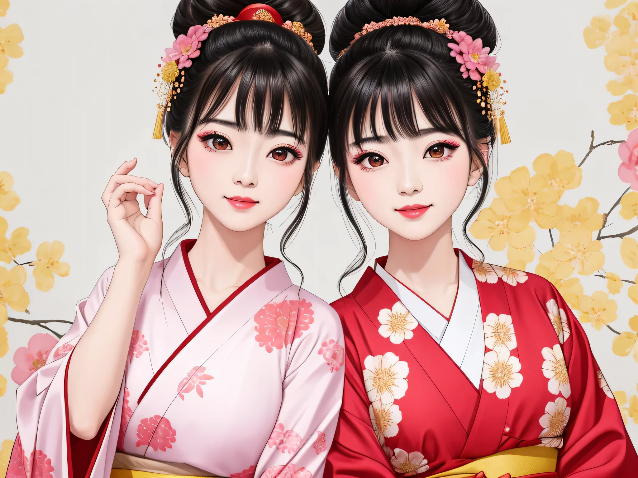Each has a different expression2People and sisters、(2 girls)、⦅Dancing traditional arts with grace)、((Big Breasts、Small Face、Not exposed))、highest quality、masterpiece、(Black Hair、Bun Hair)、Brown Eyes、⦅Wide angle、Angle from above the waist、Pause on the magazine cover、Their gazes are different, gazing into the distance⦆、(8K High Quality、masterpiece、High resolution、Realistic and beautiful light and shadow、(highest quality)、(High Resolution)、(Very delicate and beautiful)、(Beautiful 8k face)、(With a smile、Beautiful eyes)、(Clear skin)、(Soft hair)、(8Head to Body)、(A Japanese style yukata kimono with red, pink and orange floral patterns on a white background, interspersed with gold powder、Wearing a yukata2Beautiful Japanese girls)、((Tanabata decoration background))、((Small Face))、(arms up)、Thin and small nose、(Red lipstick)、(Make your cheeks red)、(Glossy skin)、((Ink painting style))、Very thin eyebrows、Overall ultra-high image quality、(She is wearing maiko-style makeup.)、Whitening、Long and beautiful eyelashes、Glowing Skin、(Red cheeks),Straight nose、masterpiece、highest quality、whole body、 Eyebrows visible through hair、Bun Hair、Grin、Gal、Gal、Viewer's Eyes、Plaid、Stylish、woman、fine、Pause、
Waiting to start