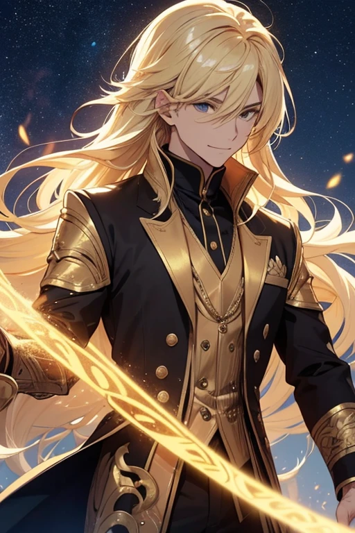 Create a man with unique characteristics, inspired by the sign of Leo and the cosmological stars An artistic representation of the essence of this sign, with striking features and a mysterious aura, Highlight golden traces of gold and golden lights, yellowish hair like gold and a confident smile Make clear the pride of the sign of Leo in its essence with a long and voluminous hair as a representation of the mane