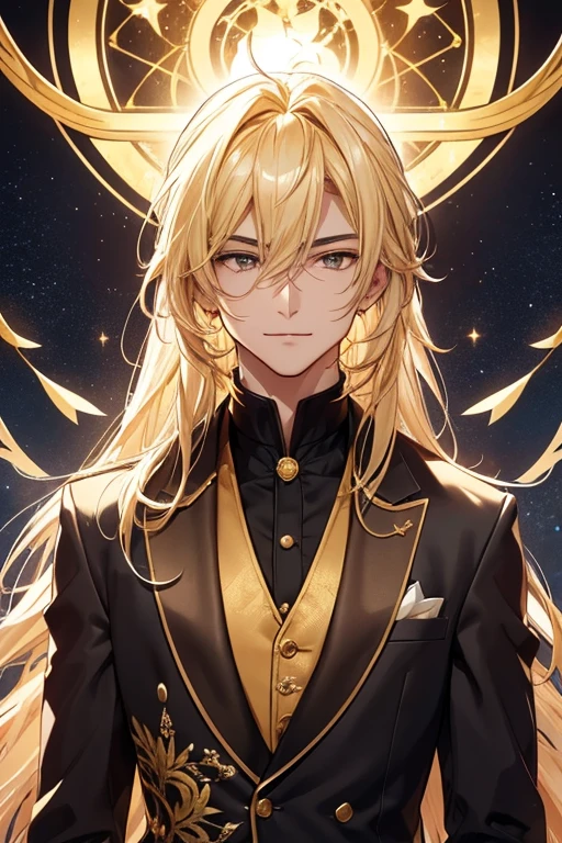 Create a man with unique characteristics, inspired by the sign of Leo and the cosmological stars An artistic representation of the essence of this sign, with striking features and a mysterious aura, Highlight golden traces of gold and golden lights, yellowish hair like gold and a confident smile Make clear the pride of the sign of Leo in its essence with a long and voluminous hair as a representation of the mane