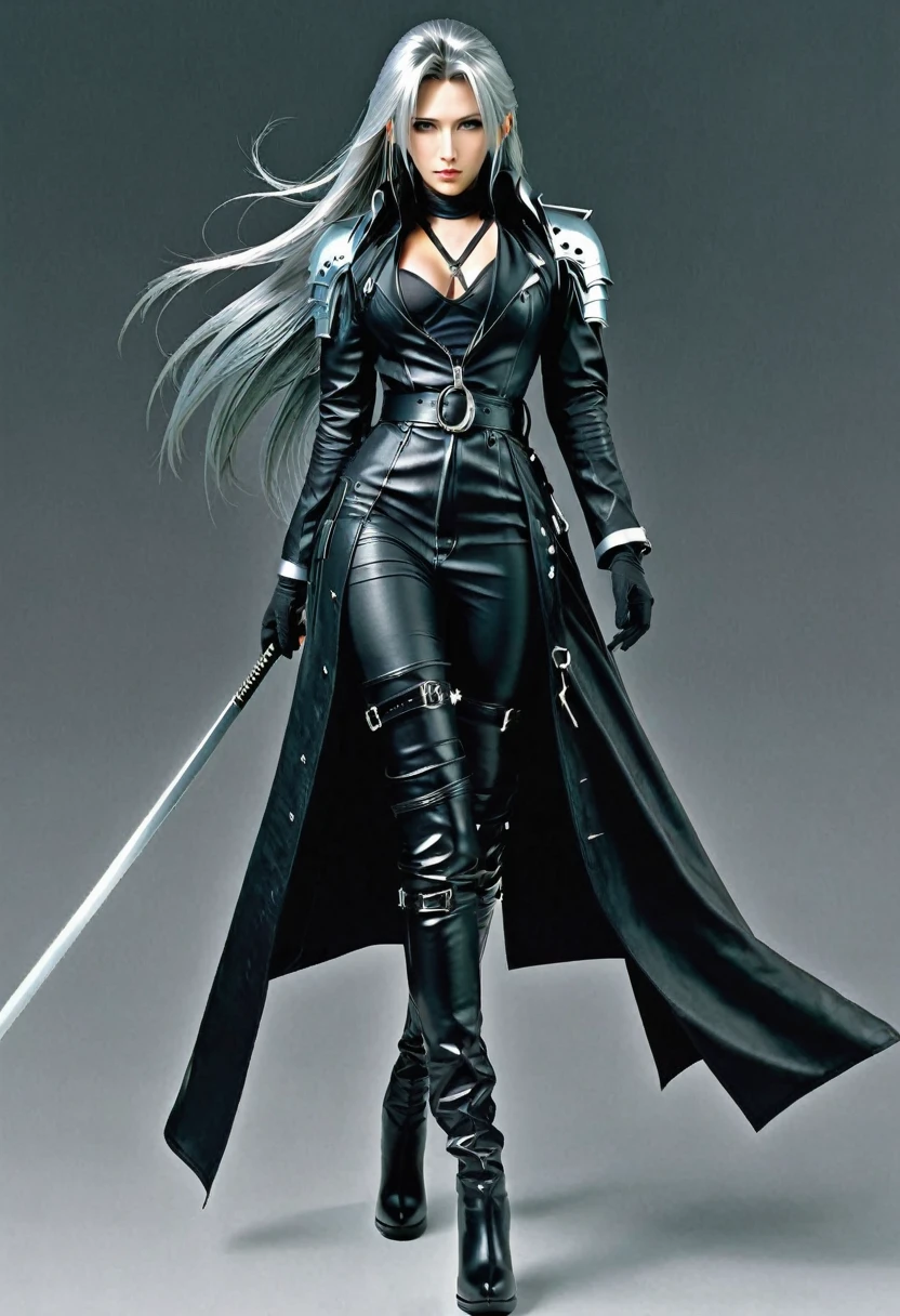 Young female sephiroth, complete body, Caucasian skin, short body, perfect beautiful face, full length black leather trench coat, silver shoulder poldrins Pauldrons, large black leather belt, knee hight high heel boots, large two handed sword masamune 