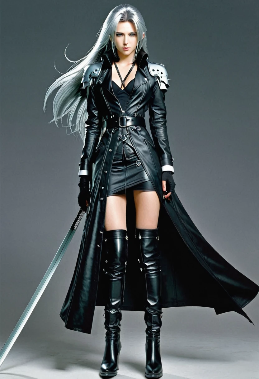 Young female sephiroth, complete body, Caucasian skin, short body, perfect beautiful face, full length black leather trench coat, silver shoulder poldrins Pauldrons, large black leather belt, knee hight high heel boots, large two handed sword masamune 