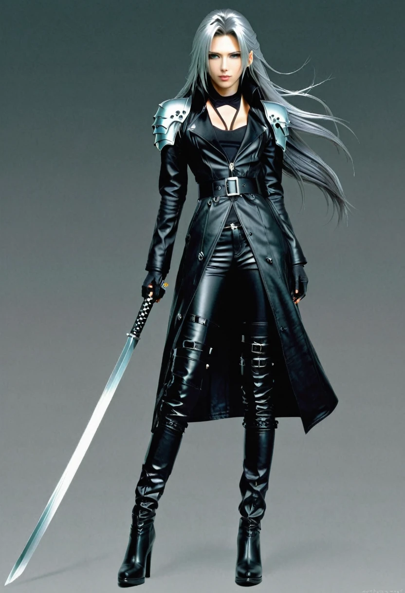 Young female sephiroth, complete body, Caucasian skin, short body, perfect beautiful face, full length black leather trench coat, silver shoulder poldrins Pauldrons, large black leather belt, knee hight high heel boots, large two handed sword masamune 