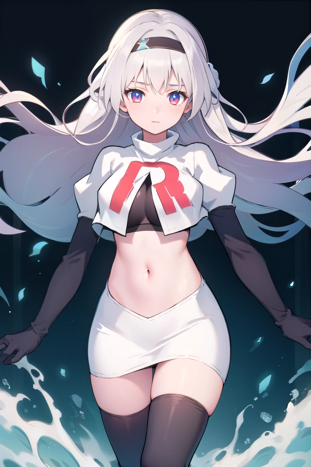 1girl, firefly \(honkai: star rail\), solo, hairband, hair ornament, cowboy shot, floating hair,  depth of field, team rocket,team rocket uniform,white skirt,red letter R,crop top,black thigh-highs,black elbow gloves