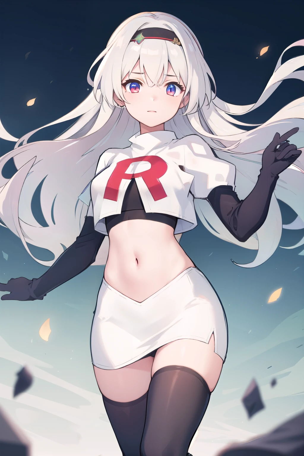 1girl, firefly \(honkai: star rail\), solo, hairband, hair ornament, cowboy shot, floating hair, depth of field, team rocket,team rocket uniform,white skirt,red letter R,crop top,black thigh-highs,black elbow gloves
