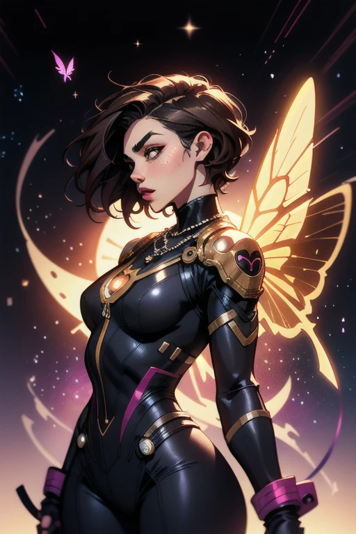 A profile illustration of a woman with light skin color, big colorful eyes (colorful eyes), wide dark brown eyebrows, a button nose, faint freckles, a heart shaped face, pink lips with a soft Cupid’s bow, her hair is chin length and short with a middle part and butterfly cut (short hair) (middle part) (galaxy), her hair is a dark brown (very dark brown hair) but has a galaxy in them and dozens of stars. She has a sly and cocky expression. She is wearing an all black pantsuit (black pantsuit) with a black crop top, black fingerless gloves, many necklaces (many necklaces), and black flats. Her hair is floating. The background is a city at twilight with purple and dark blue.