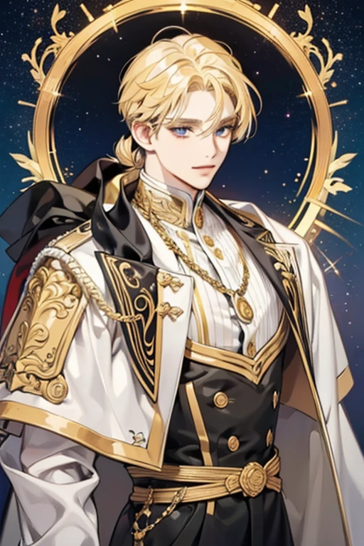 Create a man with unique characteristics, inspired by the sign of Leo and the cosmological stars An artistic representation of the essence of this sign, with striking features and a mysterious aura, Highlight golden traces of gold and golden lights, yellowish hair like gold and a confident smile Make clear the pride of the sign of Leo in its essence with a long and voluminous hair as a representation of the mane