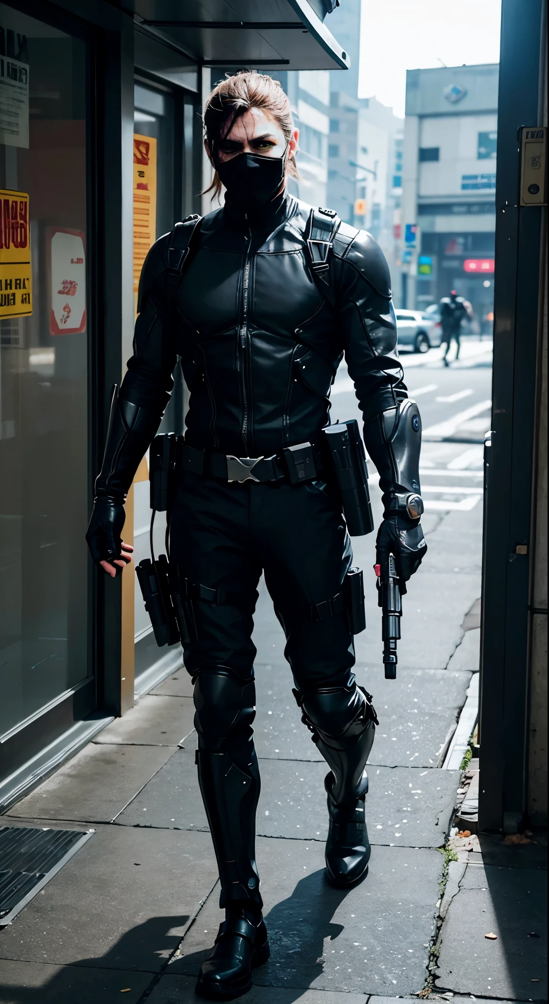 In the hallway、Man in mask and gun、Bank Robbery映画、Stealth Suit、3d rendering character art 8k、Cyberpunk Street Thug、Bank Robbery映画、Avant-garde assassin、Security Agent、Jet Stream Sam from Metal Gear Solid、Bank Robbery、Metal Gear Solid Style、badass anime 8K、Resident Evil Game Background、 Video Game Characters、Grab the Money