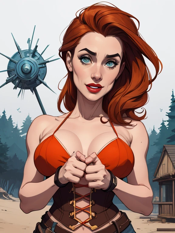 redhead Irish girl with freckles , nipple chains, big boobs, nice lips, harem pants, see through, lit by firelight, desert camp
