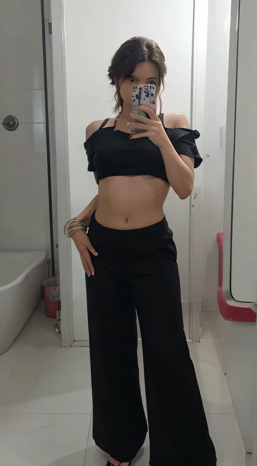 There is a woman taking a selfie in the bathroom mirror., vistiendo un top corto sexy, croptop, recorte de medio cuerpo, 1 8 son, foto de cuerpo completo, foto en forma, 2 4 year old female model, foto del traje, vistiendo top corto, the smallest abdomen ever seen, 23 years, 22 years, mirada sexy.
