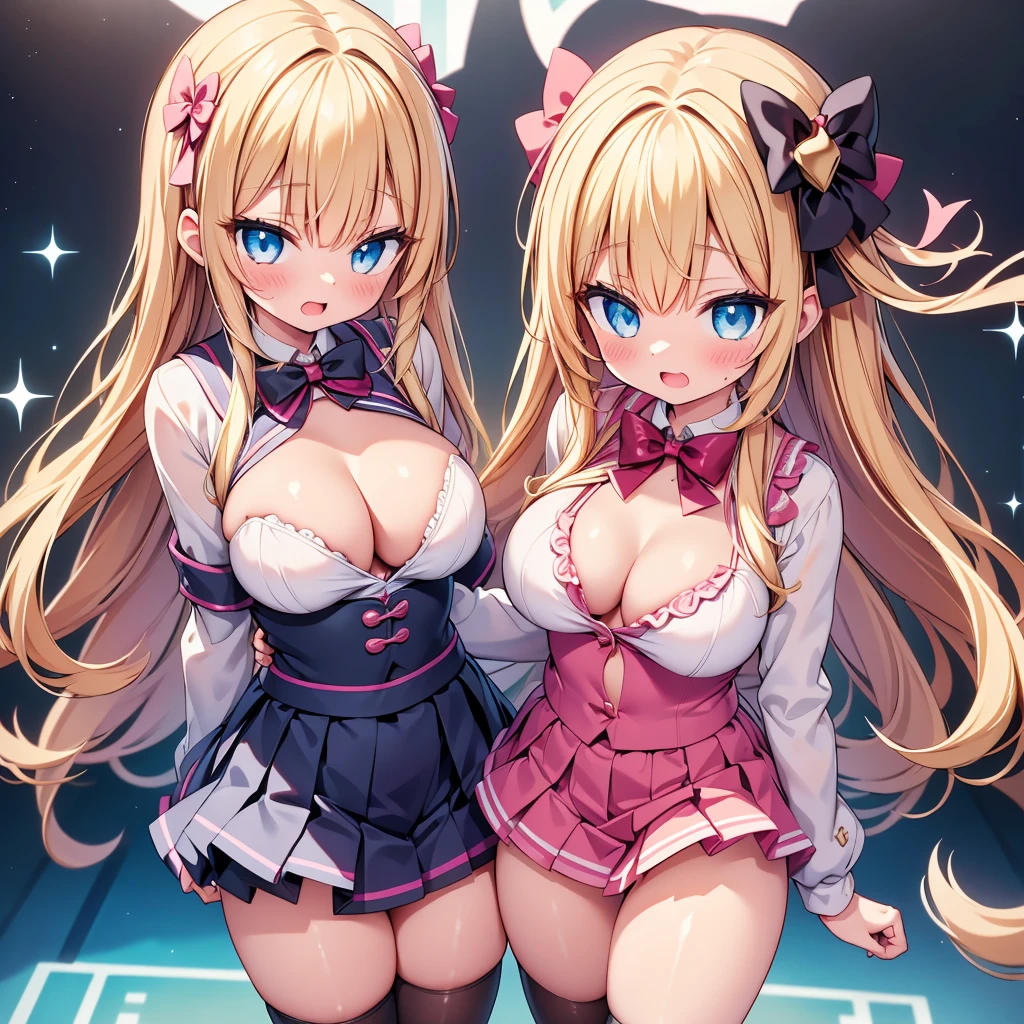 (cute eyes:1.2), (sparkling eyes:1.2), highest quality,wonderful,finely,extremely detailed CG Unity 8K wallpaper, (Stand in line:1.2), (3 girls, clothed), (magical pink girl outfit,frill mini skirt:1.1), (midium breasts), (open mouth:1.1), (long tongue:1.1), (mouth drool:1.1), (black stockings:1.1),(Thighs:1.1),(Waistline:1.1)
