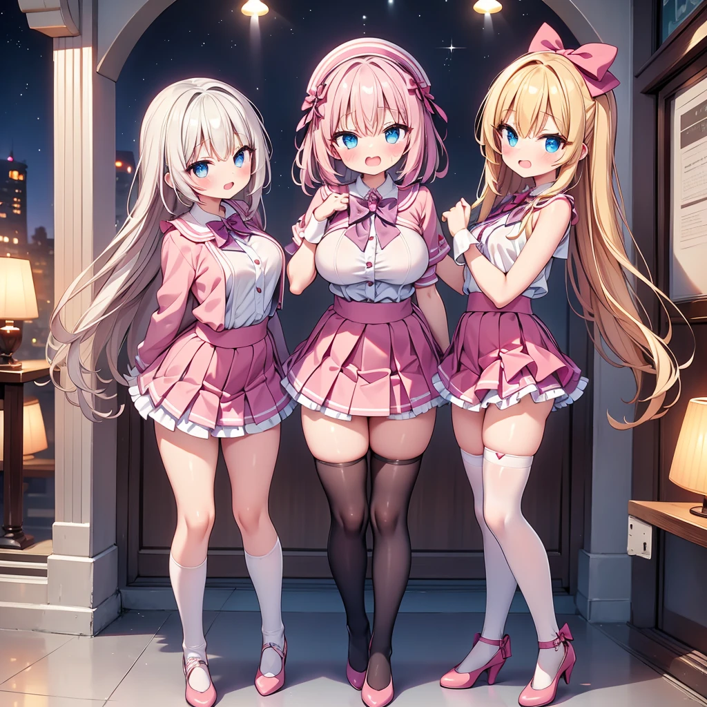 (cute eyes:1.2), (sparkling eyes:1.2), highest quality,wonderful,finely,extremely detailed CG Unity 8K wallpaper, (Stand in line:1.2), (3 girls, clothed), (magical pink girl outfit,frill mini skirt:1.1), (midium breasts), (open mouth:1.1), (long tongue:1.1), (mouth drool:1.1), (black stockings:1.1),(Thighs:1.1),(Waistline:1.1)