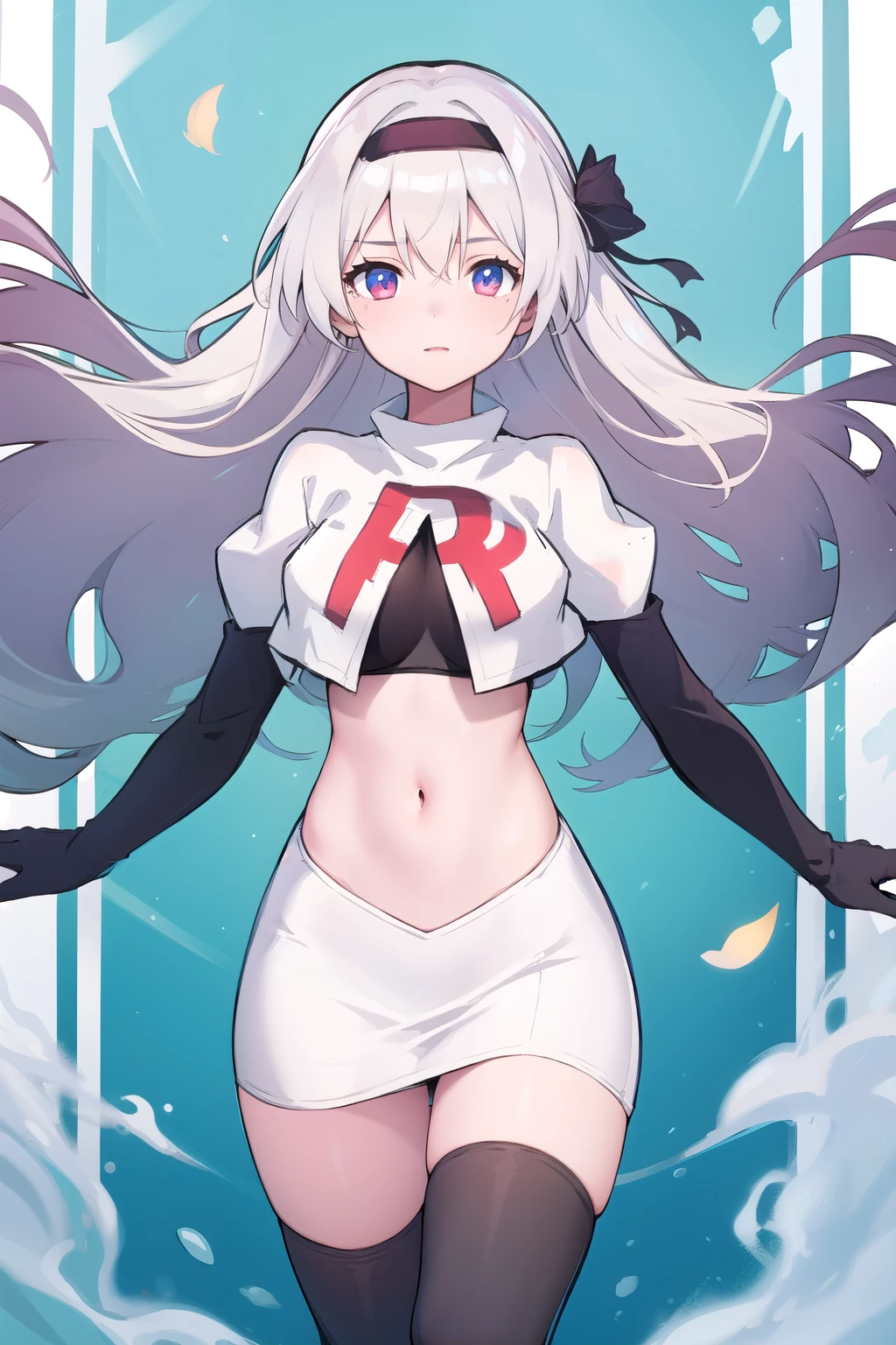 1girl, firefly \(honkai: star rail\), solo, hairband, hair ornament, cowboy shot, floating hair,  depth of field, team rocket,team rocket uniform,white skirt,red letter R,crop top,black thigh-highs,black elbow gloves